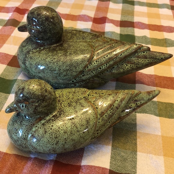 Ceramic ducks mallard water birds mottled green glaze. - Picture 2 of 9